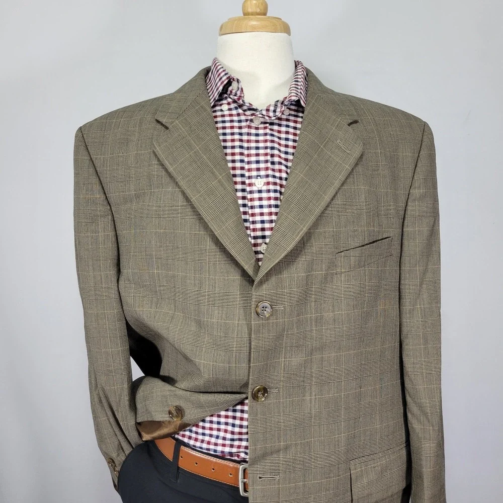 Lauren Ralph Lauren Men's Sport Coat Blazer Three Button Brown‎ Plaid Wool 46R